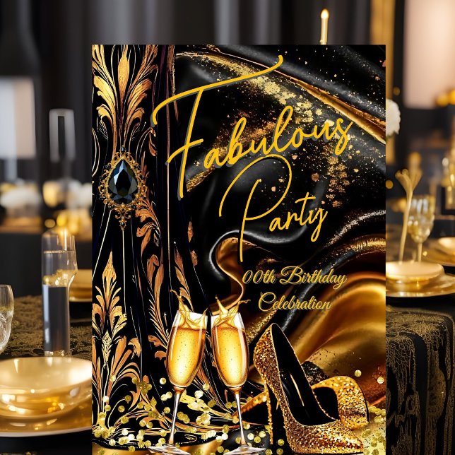 Invitación Fabulous Birthday Golden Heels Black Champagne (Subido por el creador)