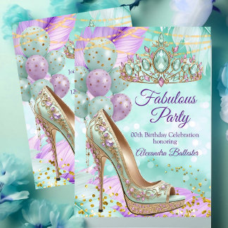 Invitación Fabulous birthday Lilac Teal Tiara Gold Heel