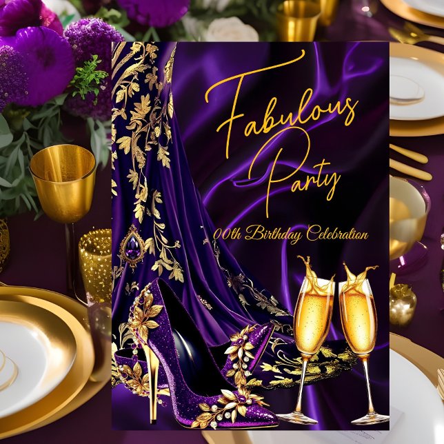 Invitación Fabulous Birthday Purple Gold Heels Champagne (Subido por el creador)