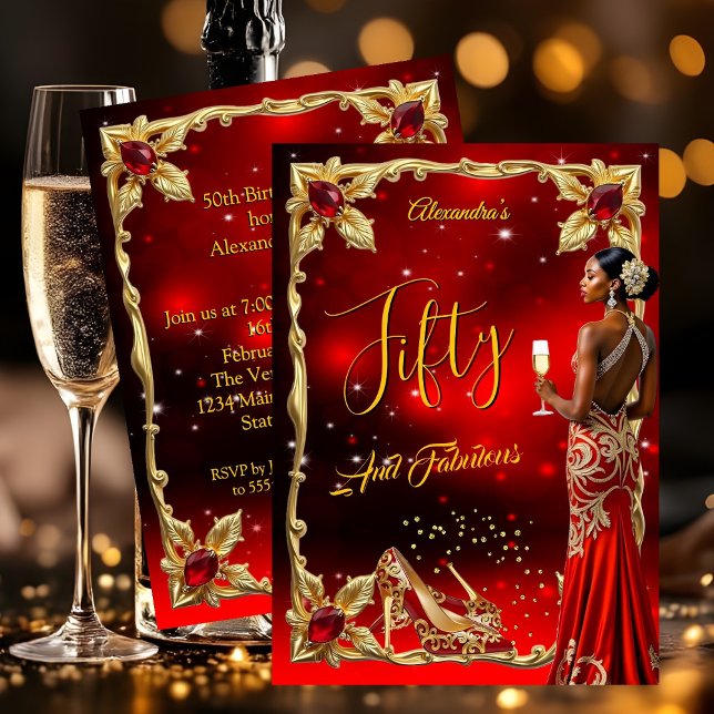 Invitación Fabulous Birthday Red Dress Gold High Heels Ethnic (Subido por el creador)