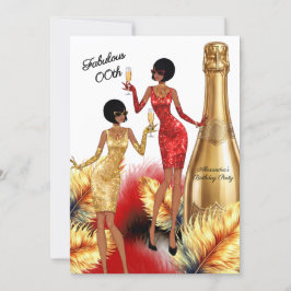 Invitación Fabulous Birthday Red Gold Dresses Champagne Party