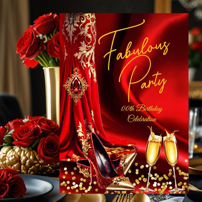 Invitación Fabulous Birthday Red Gold Heels Champagne (Subido por el creador)