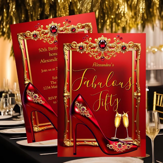 Invitación Fabulous Birthday Red Jewels Heel Champagne Gold (Subido por el creador)