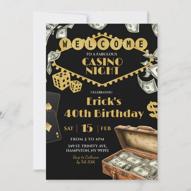 Invitación Fabulous Casino Night 40th Adult Birthday (Anverso)
