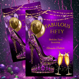 Invitación Fabulous Champagne birthday party Purple Gold Heel