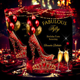 Invitación Fabulous Champagne birthday party Red Gold Heel