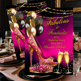 Invitación Fabulous Champagne birthday Pink Tiara Gold Heel