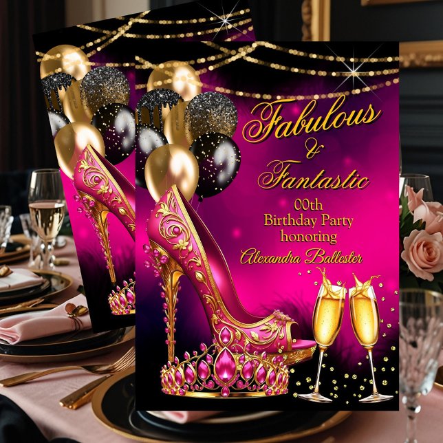 Invitación Fabulous Champagne birthday Pink Tiara Gold Heel (Subido por el creador)