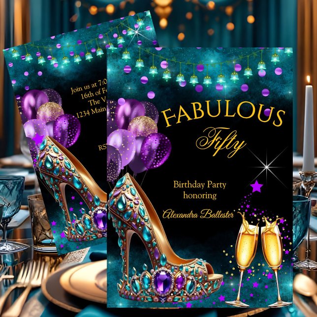 Invitación Fabulous Champagne birthday Purple Teal Gold Heel (Subido por el creador)