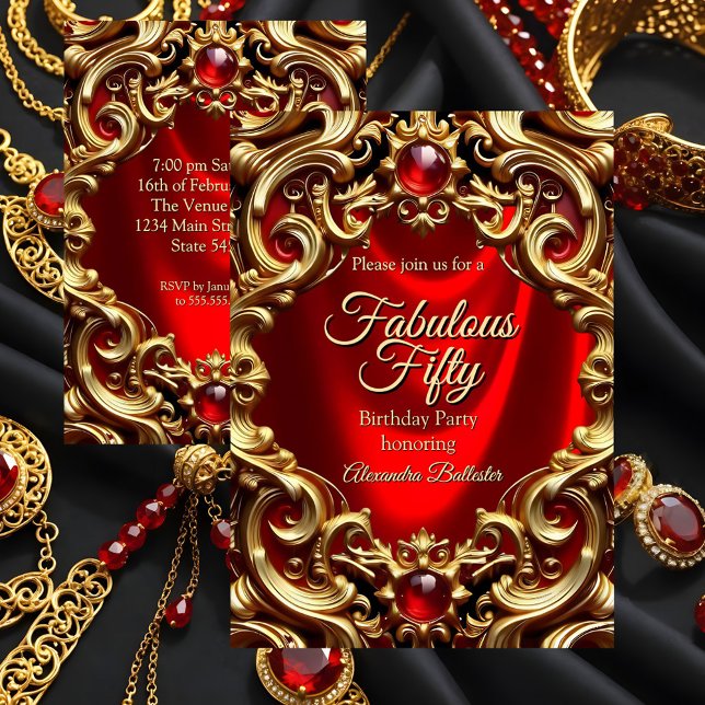 Invitación Fabulous Elegant Birthday Gold Red Silk Gems (Subido por el creador)