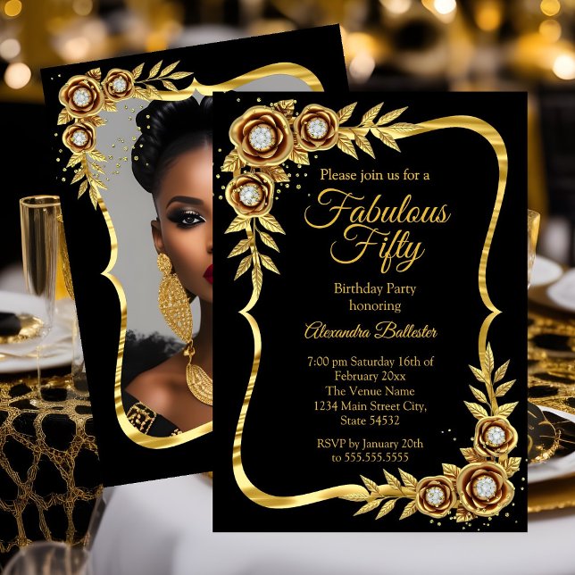 Invitación Fabulous Elegant Birthday Photo Gold Black Diamond (Subido por el creador)