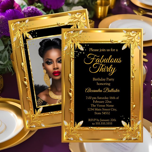 Invitación Fabulous Elegant Birthday Photo Gold Black Jewels (Subido por el creador)