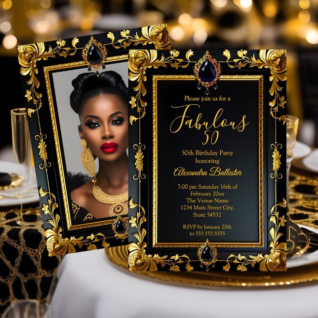 Invitación Fabulous Elegant Birthday Photo Gold Black Jewels (Subido por el creador)