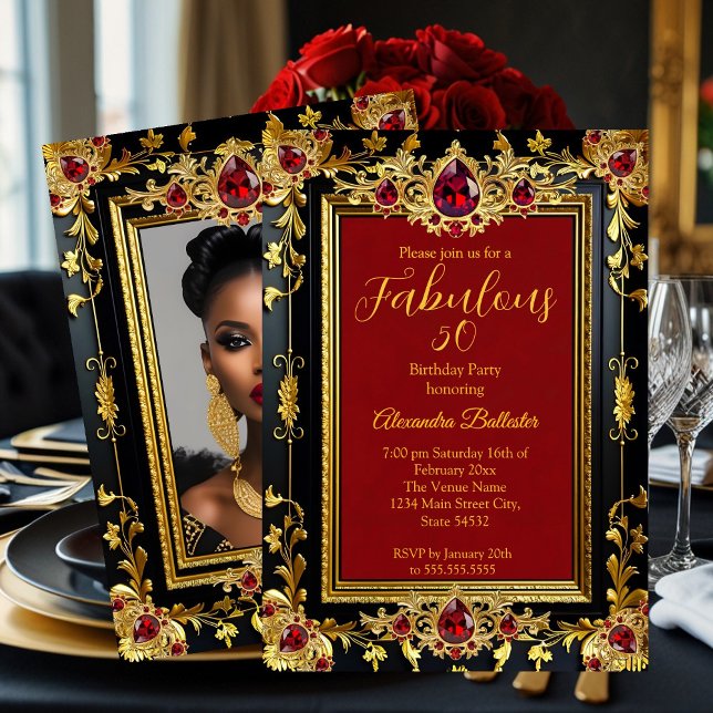 Invitación Fabulous Elegant Birthday Photo Red Gold Black Gem (Subido por el creador)