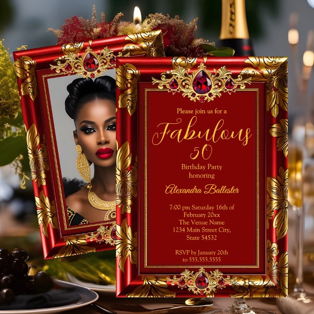 Invitación Fabulous Elegant Birthday Photo Red Gold Jewels (Subido por el creador)