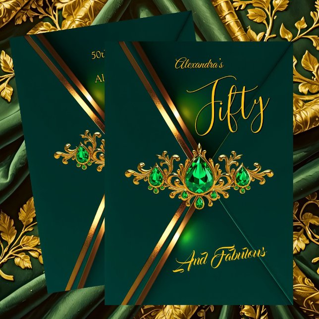 Invitación Fabulous Fifty Birthday Emerald Green Gold Gems (Subido por el creador)