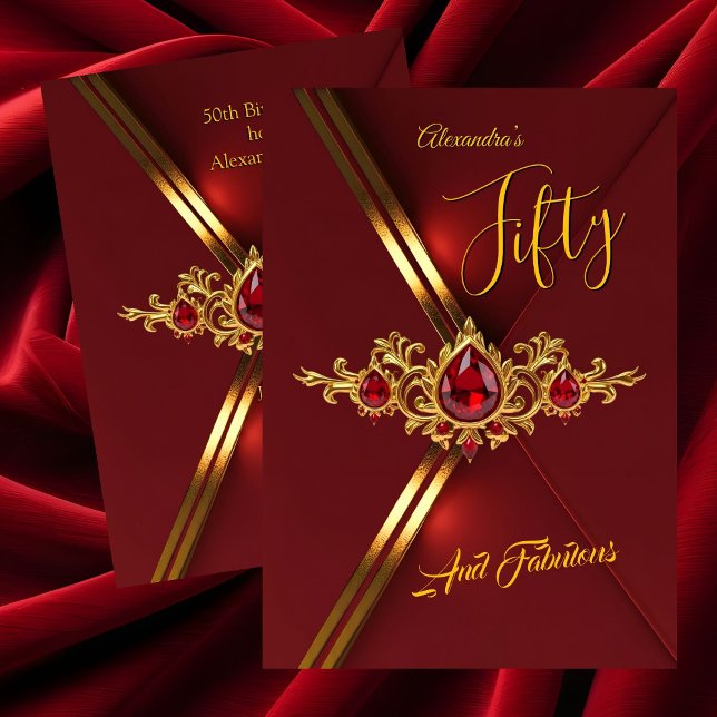 Invitación Fabulous Fifty Birthday Party Red Gold Gems (Subido por el creador)