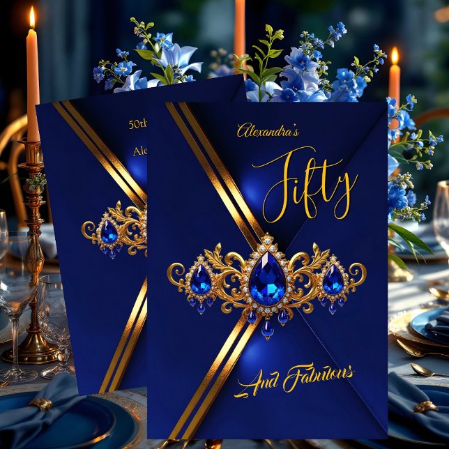 Invitación Fabulous Fifty Birthday Royal Blue Gold Gems (Subido por el creador)