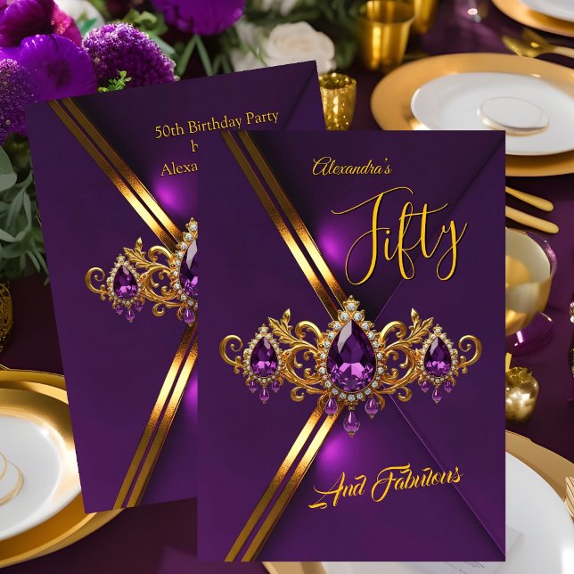 Invitación Fabulous Fifty Birthday Royal Purple Gold Gems (Subido por el creador)