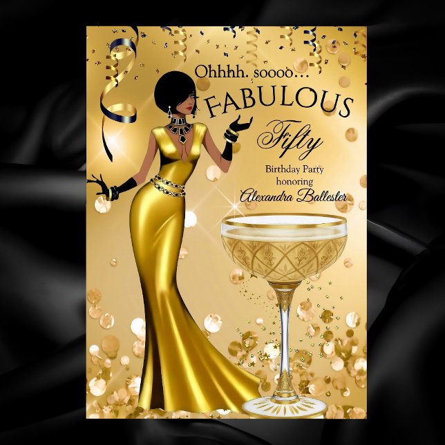 Invitación Fabulous Fifty Gold Black Champagne Birthday Party (Subido por el creador)
