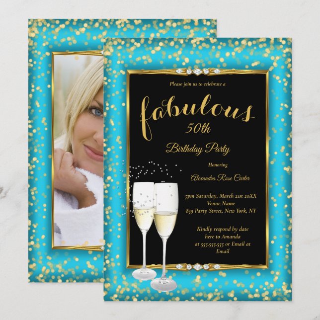Invitación Fabulous Gold azul Verde azulado Champagne Fiesta (Anverso / Reverso)