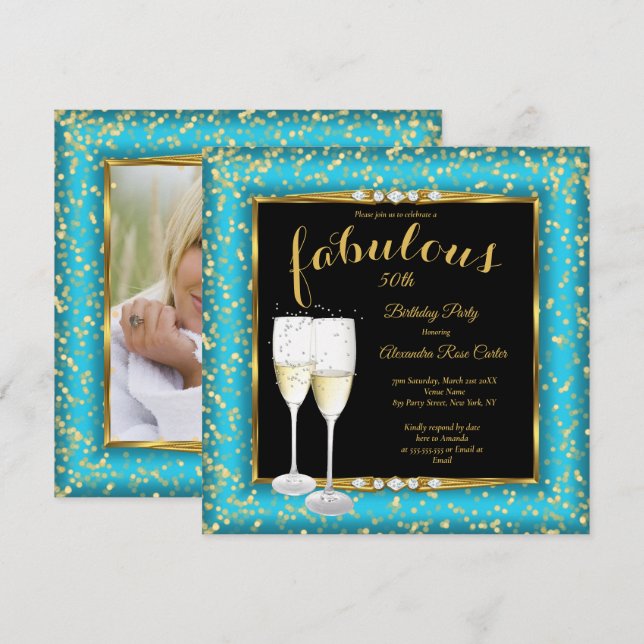 Invitación Fabulous Gold azul Verde azulado Champagne Foto Cu (Anverso / Reverso)