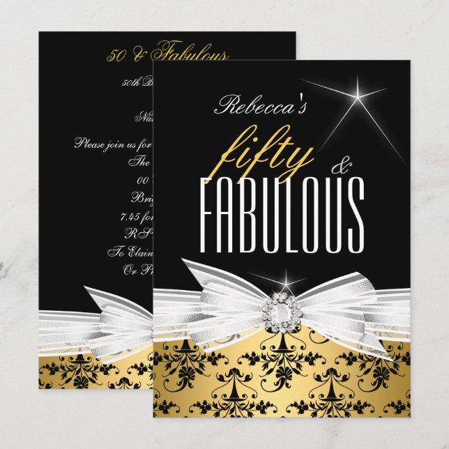 Invitación Fabulous Gold Black Damask 50 Birthday Party (Anverso / Reverso)