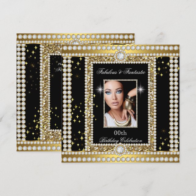 Invitación Fabulous Gold Black Glamour Photo Diamond Fiesta (Anverso / Reverso)