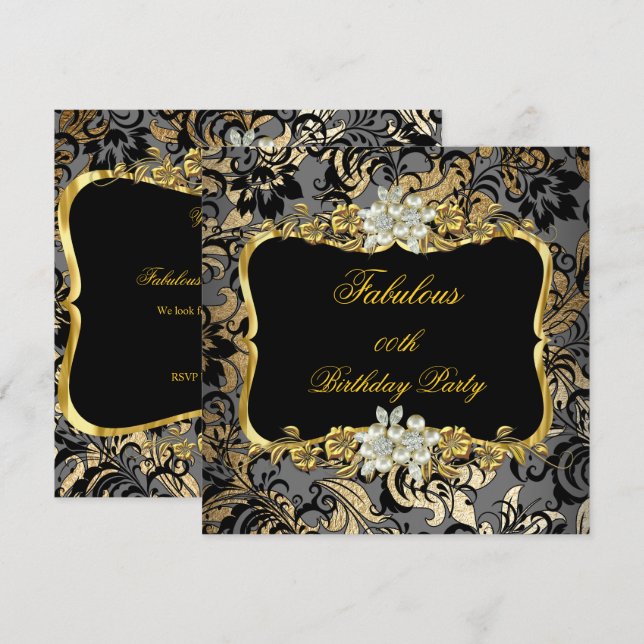 Invitación Fabulous Gold Black Gray Pearask Fiesta (Anverso / Reverso)