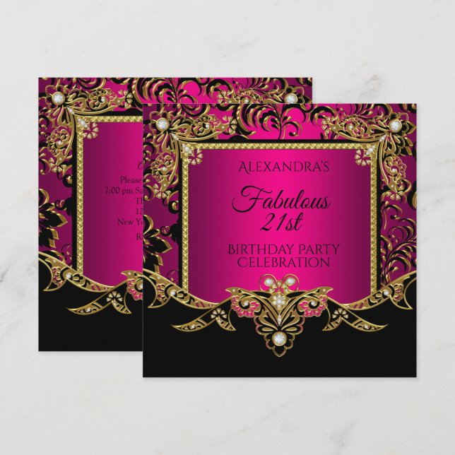 Invitación Fabulous Gold Hot Pink Black 21st Birthday Fiesta (Anverso / Reverso)