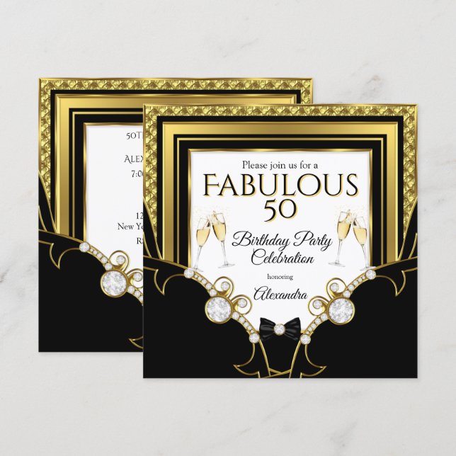 Invitación Fabulous Gold Jewel Black Champagne fiesta de cump (Anverso / Reverso)