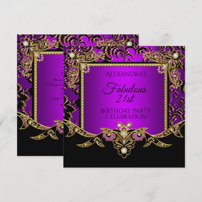 Invitación Fabulous Gold Purple Black 21st Birthday Fiesta (Anverso / Reverso)