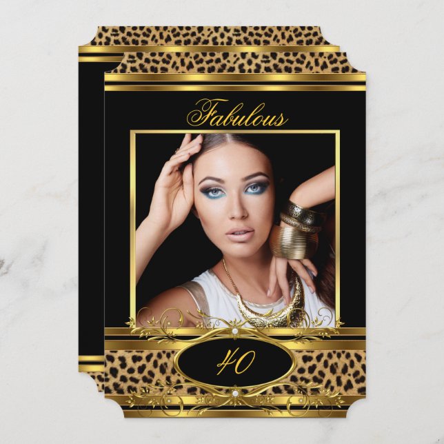 Invitación Fabulous Leopard Birthday Party Black Gold Photo (Anverso / Reverso)