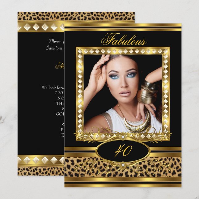 Invitación Fabulous Leopard Birthday Party Black Gold Photo 2 (Anverso / Reverso)