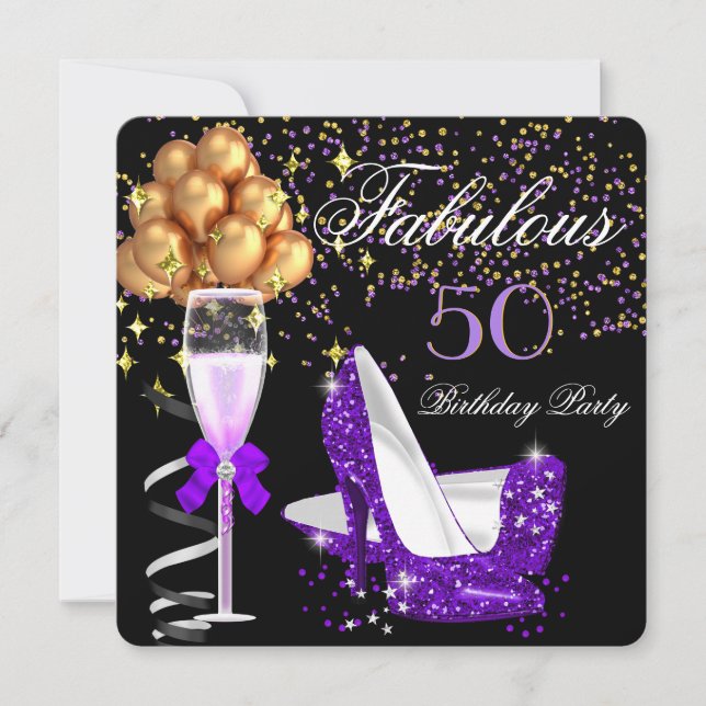 Invitación Fabulous Purple Heels Gold Black Birday Party (Anverso)