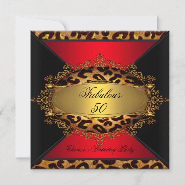 Invitación Fabulous Red Gold Black Leopardo Birthday Party (Anverso)
