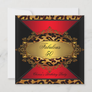 Invitación Fabulous Red Gold Black Leopardo Birthday Party