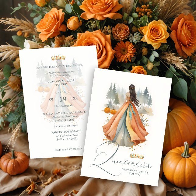 Invitación Fabulous Seasonal Fall Landscape Spanish XV Años (Fabulous Seasonal Fall Landscape Spanish XV Años Quinceañera Doll Illustration Invitations Cards.)