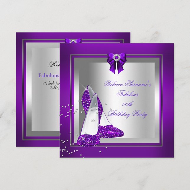 Invitación Fabulous Shoe Silver Fiesta del Cumpleaños Púrpura (Anverso / Reverso)