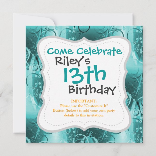 Invitación Faded Floral Swirl Verde azulado Turquoise Blue Gi (Anverso)