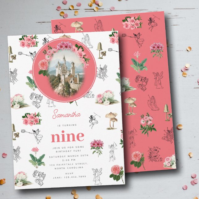Invitación Fairies Pink Floral Mushroom Fairy Castle Cumpleañ (Fairies Pink Floral Mushroom Fairy Castle Birthday Invitation)