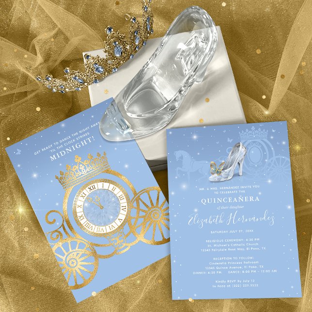 Invitación Fairtale Baby Blue Gold Cinderella Quinceanera (Light blue and gold Cinderella quinceanera invitations that will bring the magic to your big day!)