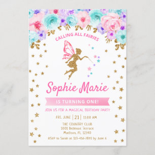 Invitación Fairy 1º cumpleaños - Oro Verde azulado morado ros