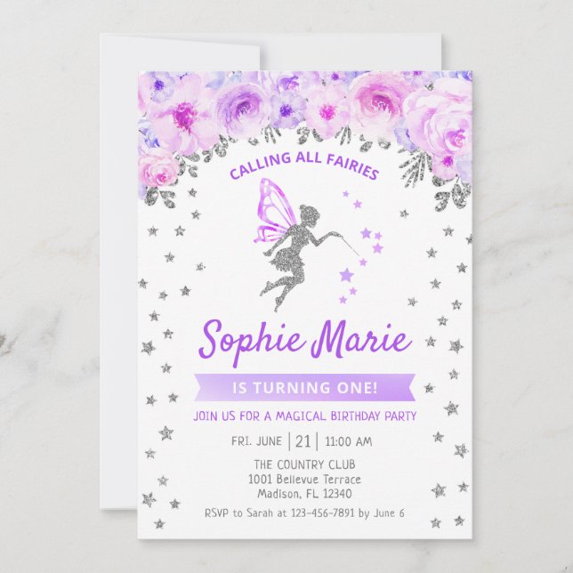 Invitación Fairy 1º cumpleaños - Púrpura plateado (Anverso)