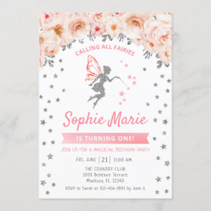Invitación Fairy 1º cumpleaños - Silver Pink