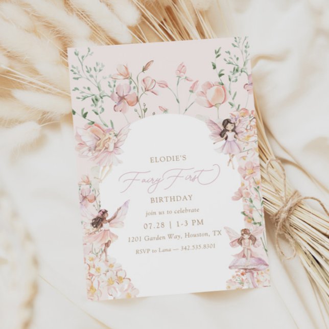 Invitación Fairy 1ᵉʳ cumpleaños de los Chicas florales rosado (Subido por el creador)