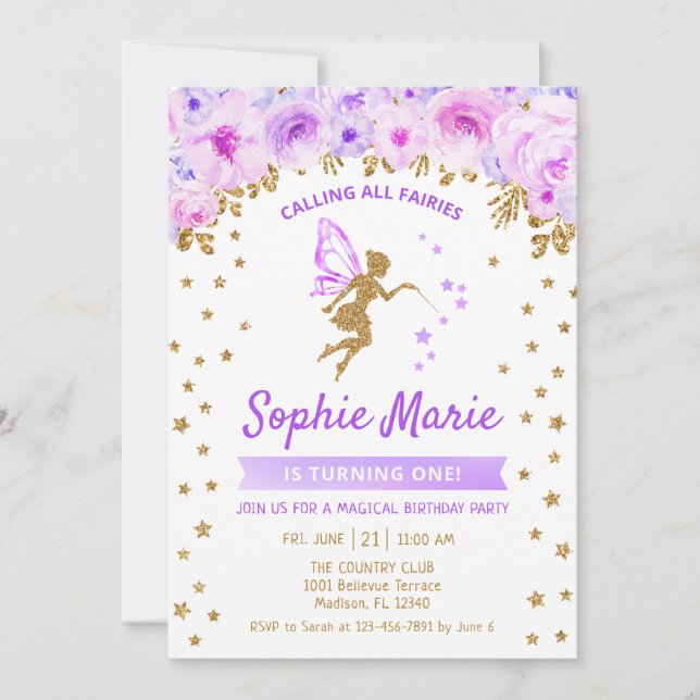 Invitación Fairy 1er cumpleaños - Oro Púrpura (Anverso)