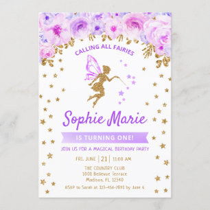Invitación Fairy 1er cumpleaños - Oro Púrpura