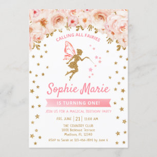 Invitación Fairy 1st Birday - Gold Pink