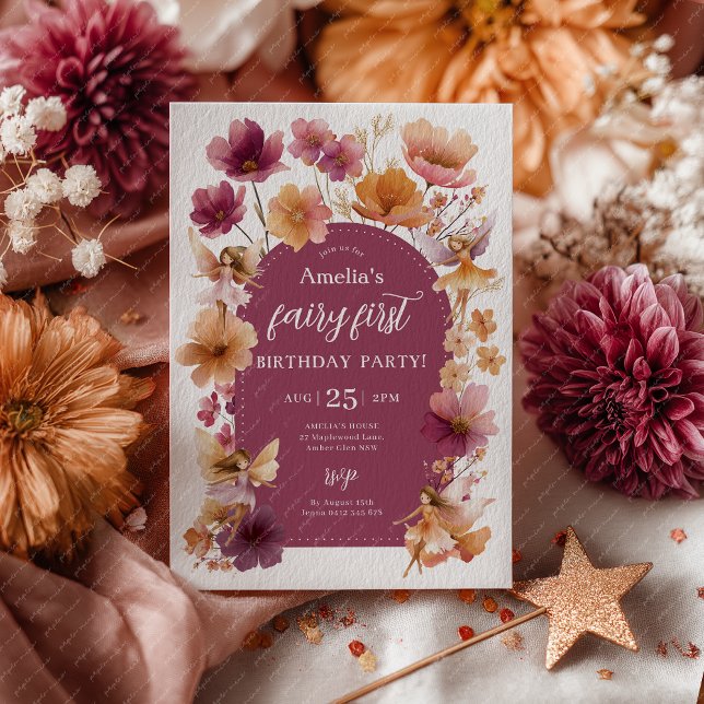 Invitación Fairy 1st Birthday Fairy Fall Burgundy Orange (Fairy First Invitation in fall colors Burgundy and Orange)